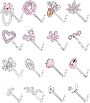 Tornito 16Pcs Nose Stud Rings L Screw Shaped Nose Ring Flower Snake Butterfly Heart Eye CZ Dangle Nose Rings Stud Body Piercing Jewelry for Women Men 20G Silver Pink Tone