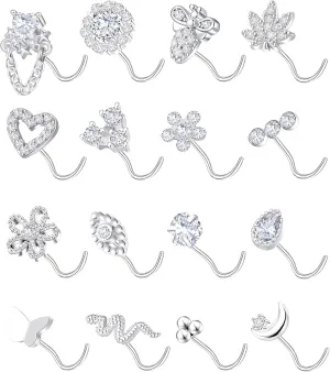 Tornito 16Pcs Nose Stud Rings L Screw Shaped Nose Ring Flower Snake Butterfly Heart Eye CZ Dangle Nose Rings Stud Body Piercing Jewelry for Women Men 20G Silver Pink Tone