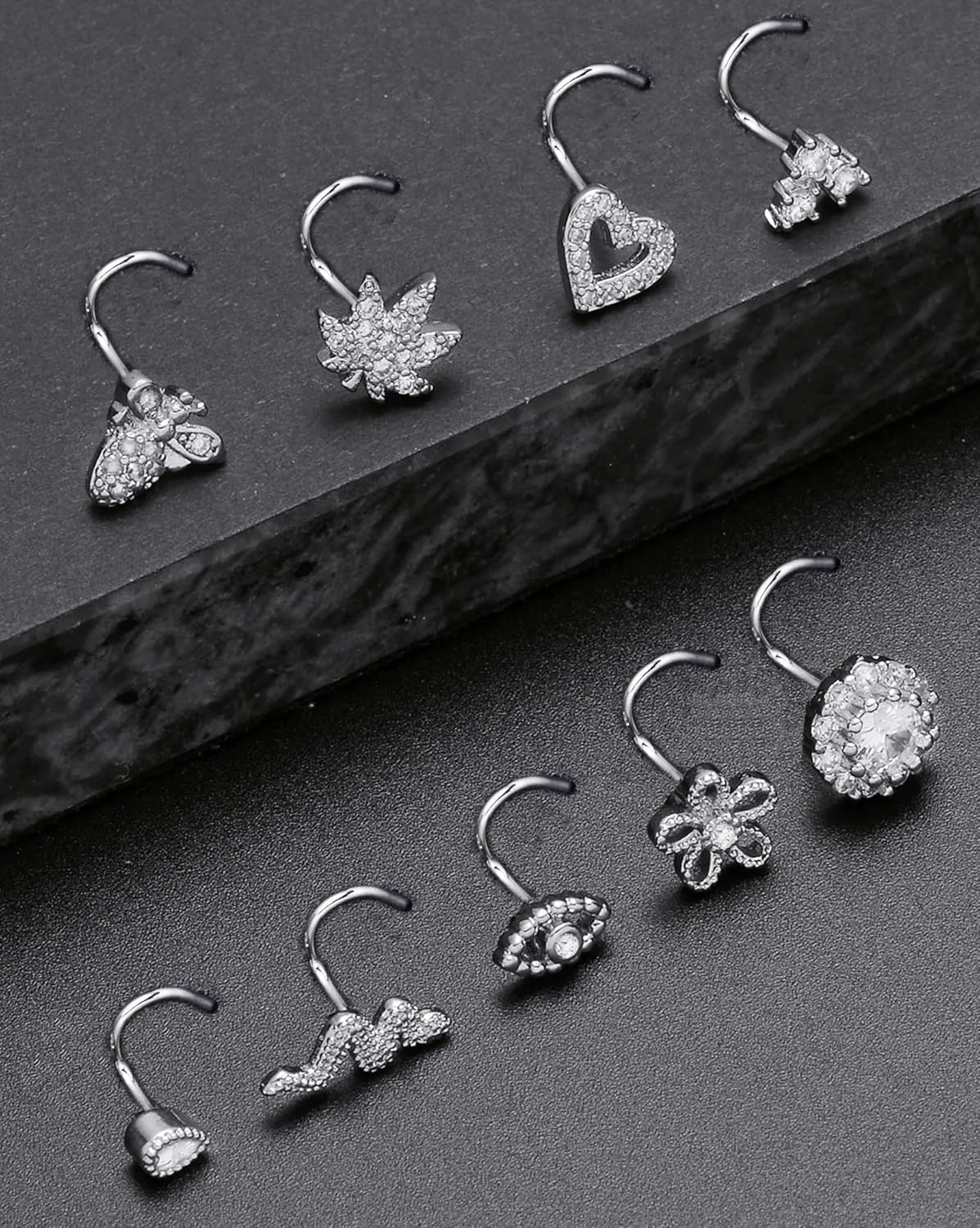 Tornito 16Pcs Nose Stud Rings L Screw Shaped Nose Ring Flower Snake Butterfly Heart Eye CZ Dangle Nose Rings Stud Body Piercing Jewelry for Women Men 20G Silver Pink Tone