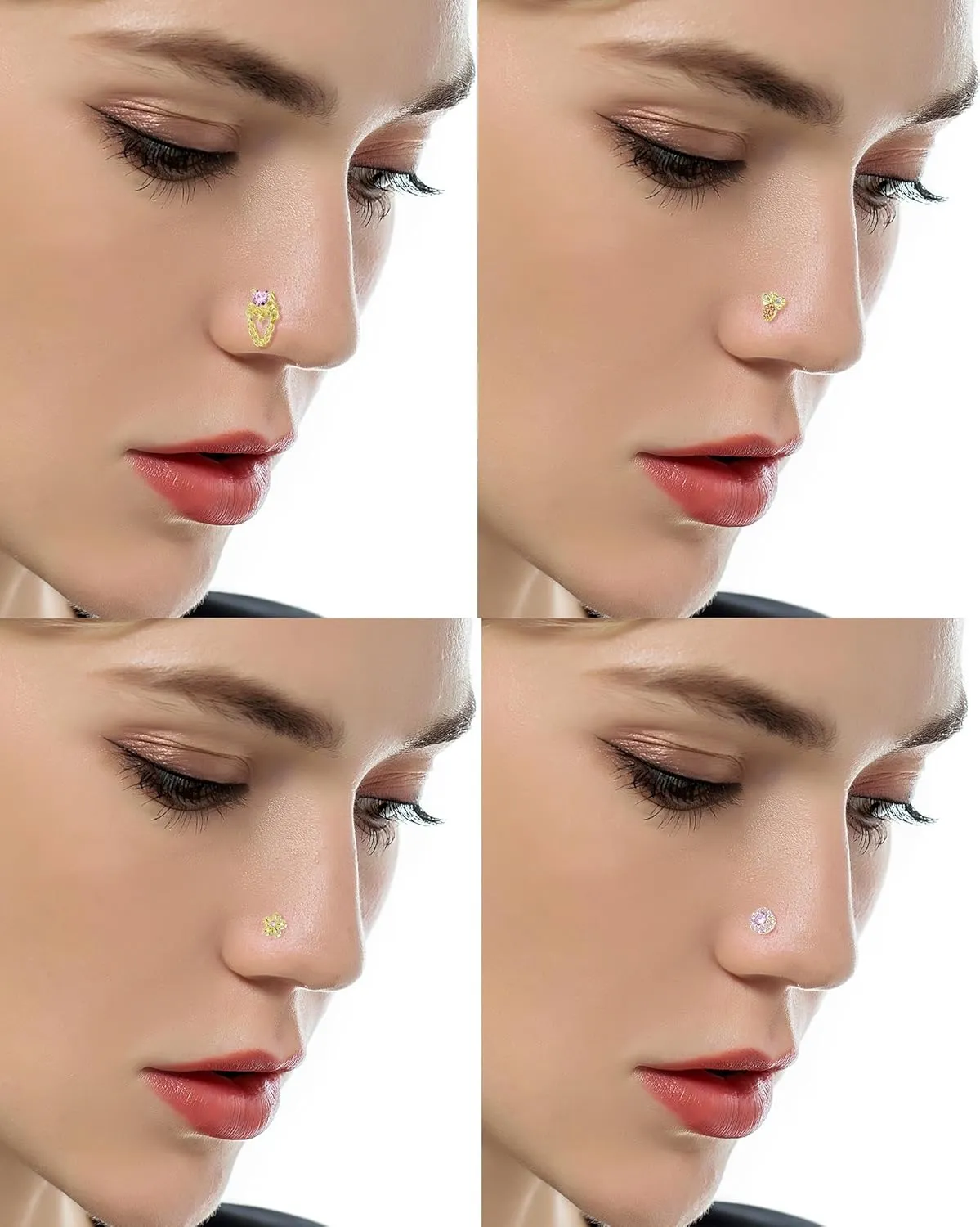 Tornito 16Pcs Nose Stud Rings L Screw Shaped Nose Ring Flower Snake Butterfly Heart Eye CZ Dangle Nose Rings Stud Body Piercing Jewelry for Women Men 20G Silver Pink Tone