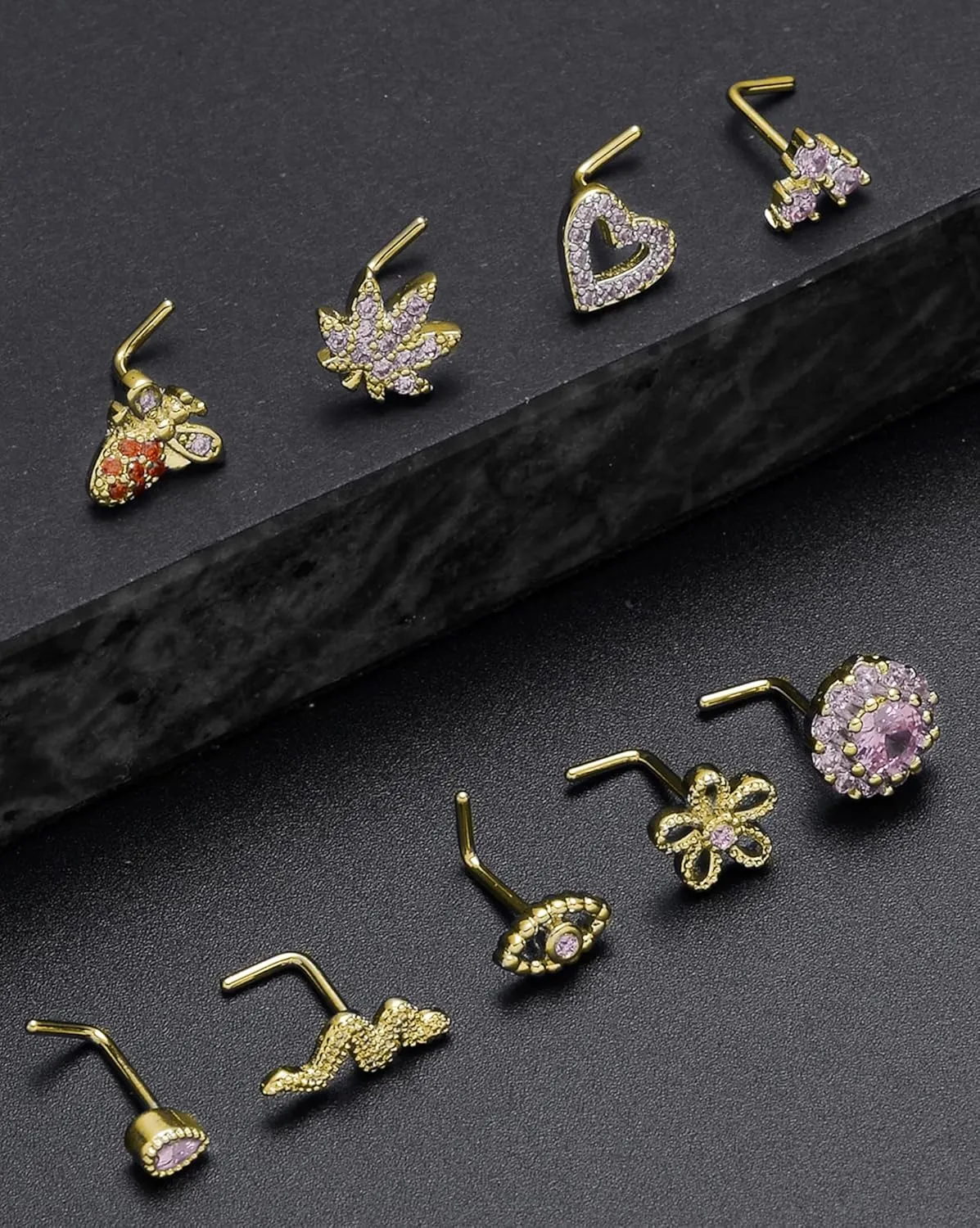 Tornito 16Pcs Nose Stud Rings L Screw Shaped Nose Ring Flower Snake Butterfly Heart Eye CZ Dangle Nose Rings Stud Body Piercing Jewelry for Women Men 20G Silver Pink Tone