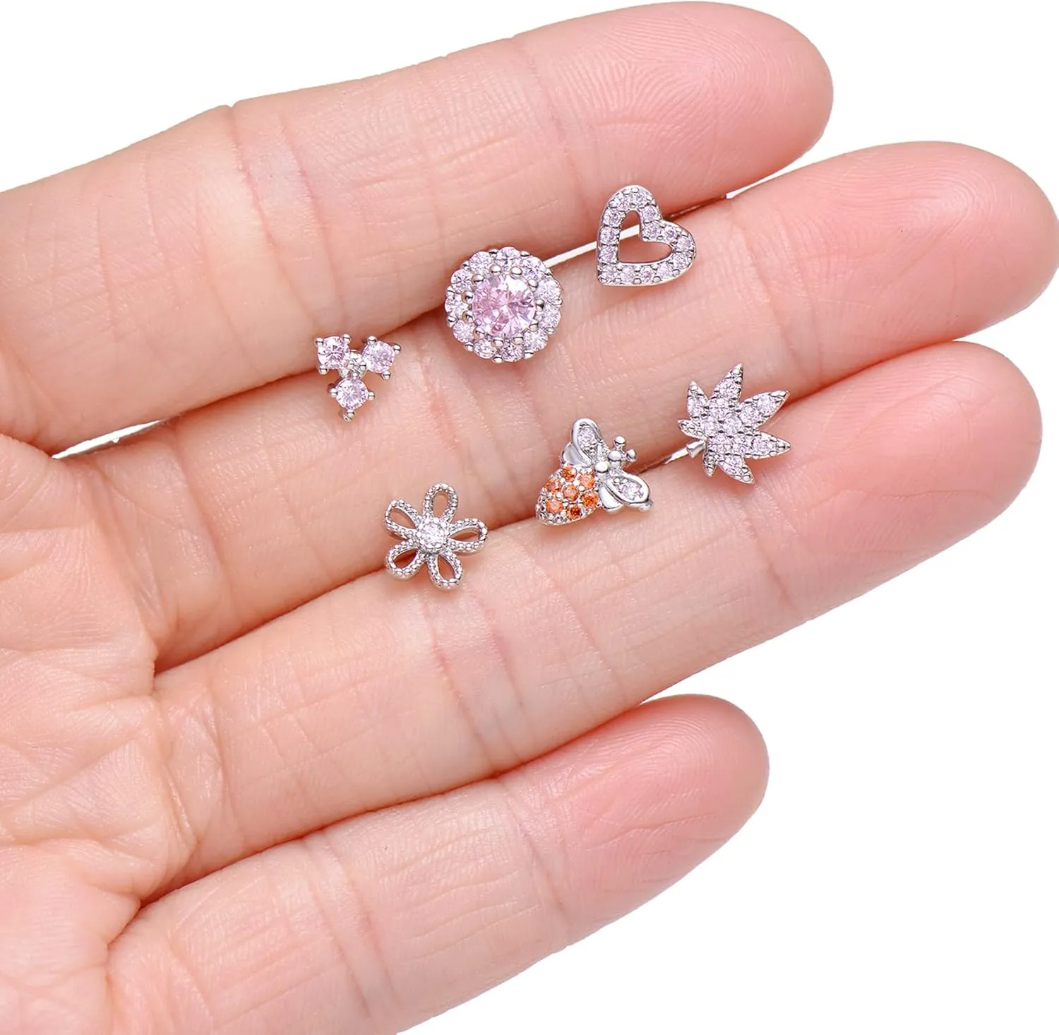 Tornito 16Pcs Nose Stud Rings L Screw Shaped Nose Ring Flower Snake Butterfly Heart Eye CZ Dangle Nose Rings Stud Body Piercing Jewelry for Women Men 20G Silver Pink Tone
