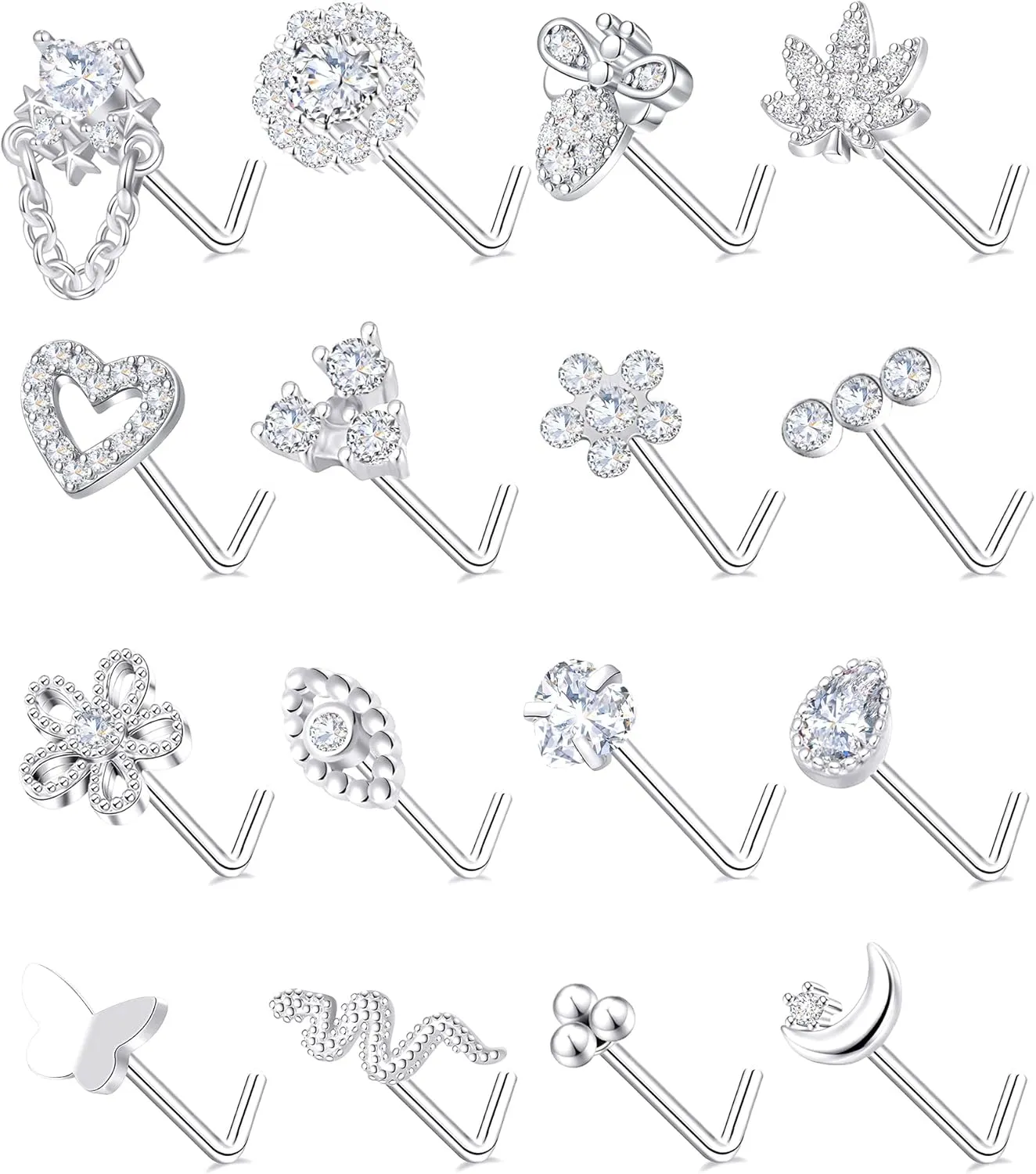 Tornito 16Pcs Nose Stud Rings L Screw Shaped Nose Ring Flower Snake Butterfly Heart Eye CZ Dangle Nose Rings Stud Body Piercing Jewelry for Women Men 20G Silver Pink Tone
