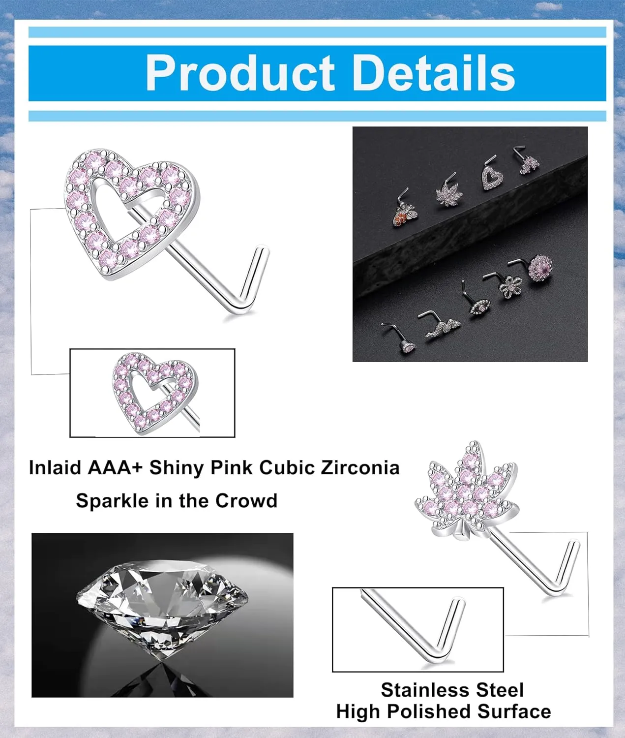 Tornito 16Pcs Nose Stud Rings L Screw Shaped Nose Ring Flower Snake Butterfly Heart Eye CZ Dangle Nose Rings Stud Body Piercing Jewelry for Women Men 20G Silver Pink Tone