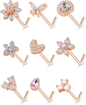 Tornito 9Pcs Nose Rings Stud L Bone Screw Shaped Nose Ring Flower CZ Snowflake Butterfly Screw Nose Stud Body Piercing Jewelry for Women Men 20G Silver Gold Rose Gold Tone