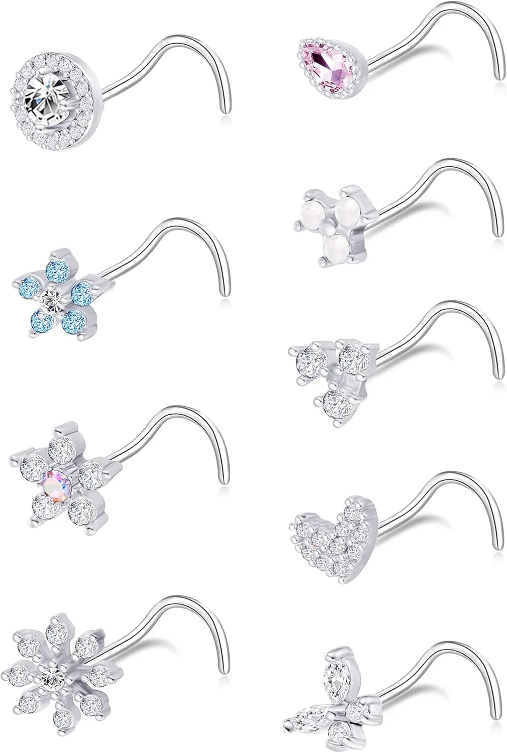 Tornito 9Pcs Nose Rings Stud L Bone Screw Shaped Nose Ring Flower CZ Snowflake Butterfly Screw Nose Stud Body Piercing Jewelry for Women Men 20G Silver Gold Rose Gold Tone
