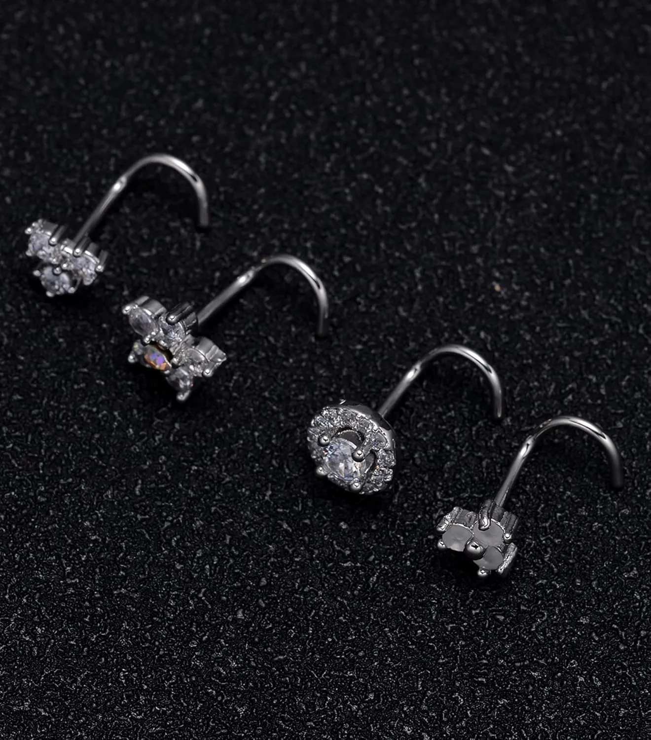 Tornito 9Pcs Nose Rings Stud L Bone Screw Shaped Nose Ring Flower CZ Snowflake Butterfly Screw Nose Stud Body Piercing Jewelry for Women Men 20G Silver Gold Rose Gold Tone