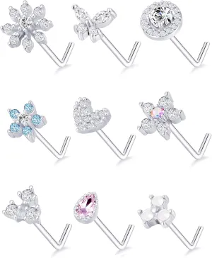 Tornito 9Pcs Nose Rings Stud L Bone Screw Shaped Nose Ring Flower CZ Snowflake Butterfly Screw Nose Stud Body Piercing Jewelry for Women Men 20G Silver Gold Rose Gold Tone