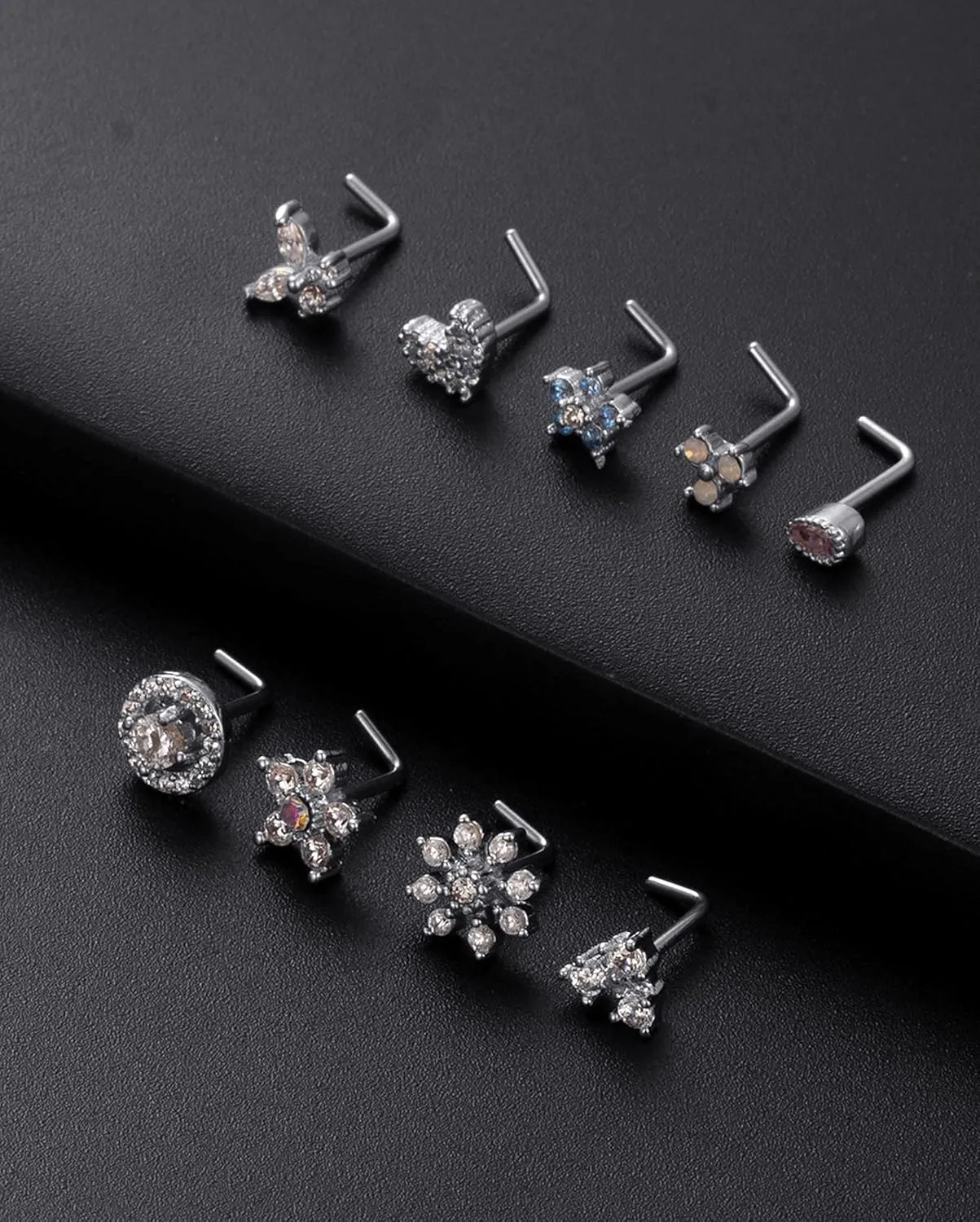 Tornito 9Pcs Nose Rings Stud L Bone Screw Shaped Nose Ring Flower CZ Snowflake Butterfly Screw Nose Stud Body Piercing Jewelry for Women Men 20G Silver Gold Rose Gold Tone