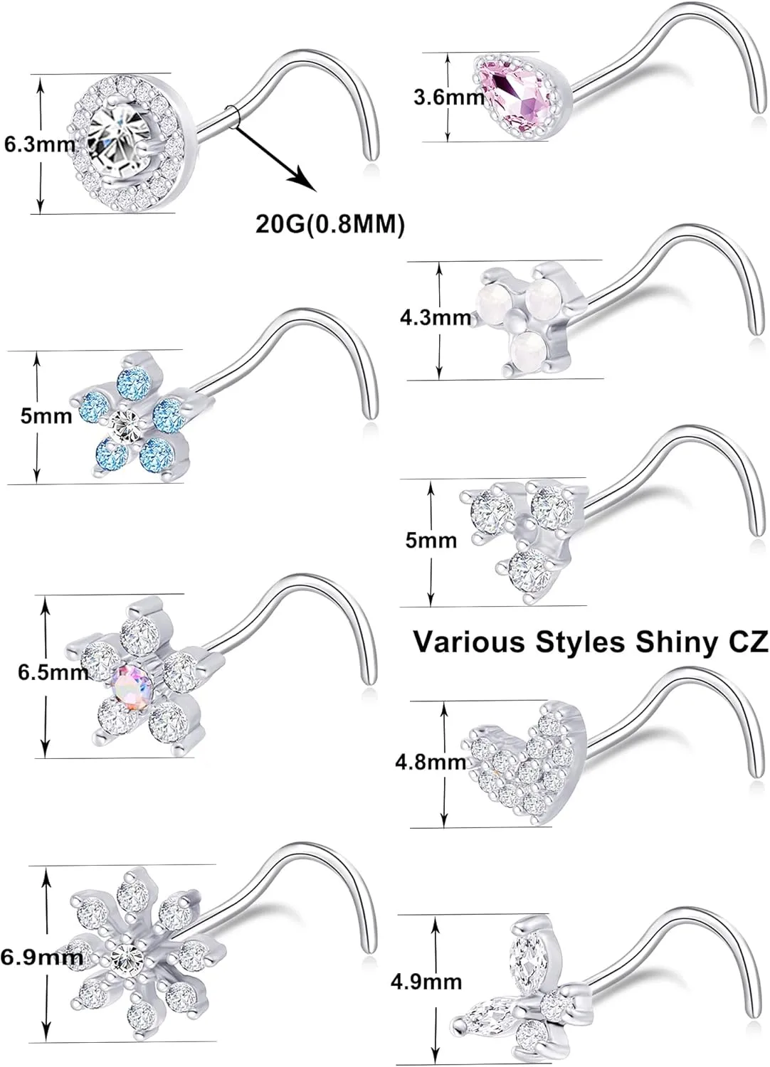 Tornito 9Pcs Nose Rings Stud L Bone Screw Shaped Nose Ring Flower CZ Snowflake Butterfly Screw Nose Stud Body Piercing Jewelry for Women Men 20G Silver Gold Rose Gold Tone