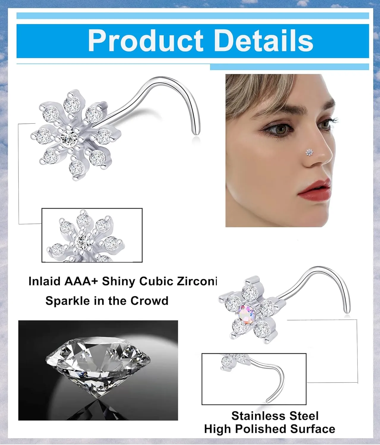 Tornito 9Pcs Nose Rings Stud L Bone Screw Shaped Nose Ring Flower CZ Snowflake Butterfly Screw Nose Stud Body Piercing Jewelry for Women Men 20G Silver Gold Rose Gold Tone