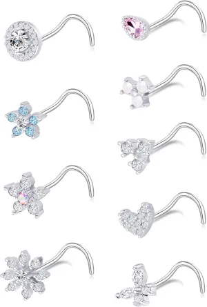 Tornito 9Pcs Nose Rings Stud L Bone Screw Shaped Nose Ring Flower CZ Snowflake Butterfly Screw Nose Stud Body Piercing Jewelry for Women Men 20G Silver Gold Rose Gold Tone