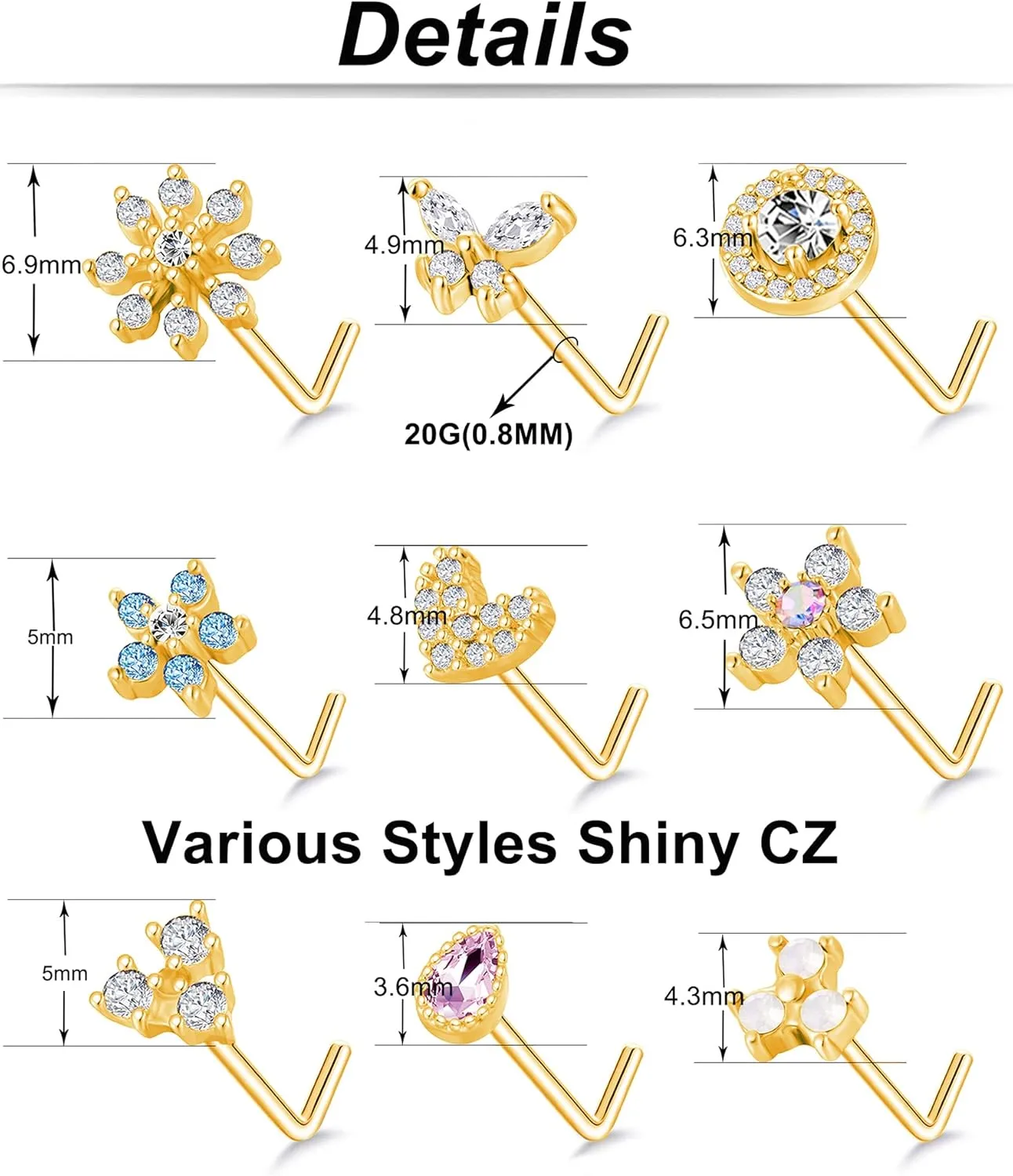 Tornito 9Pcs Nose Rings Stud L Bone Screw Shaped Nose Ring Flower CZ Snowflake Butterfly Screw Nose Stud Body Piercing Jewelry for Women Men 20G Silver Gold Rose Gold Tone
