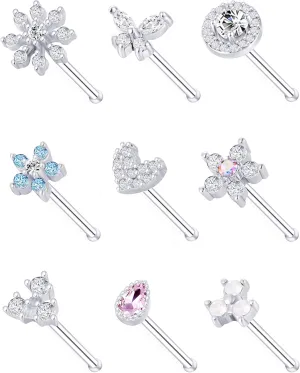 Tornito 9Pcs Nose Rings Stud L Bone Screw Shaped Nose Ring Flower CZ Snowflake Butterfly Screw Nose Stud Body Piercing Jewelry for Women Men 20G Silver Gold Rose Gold Tone