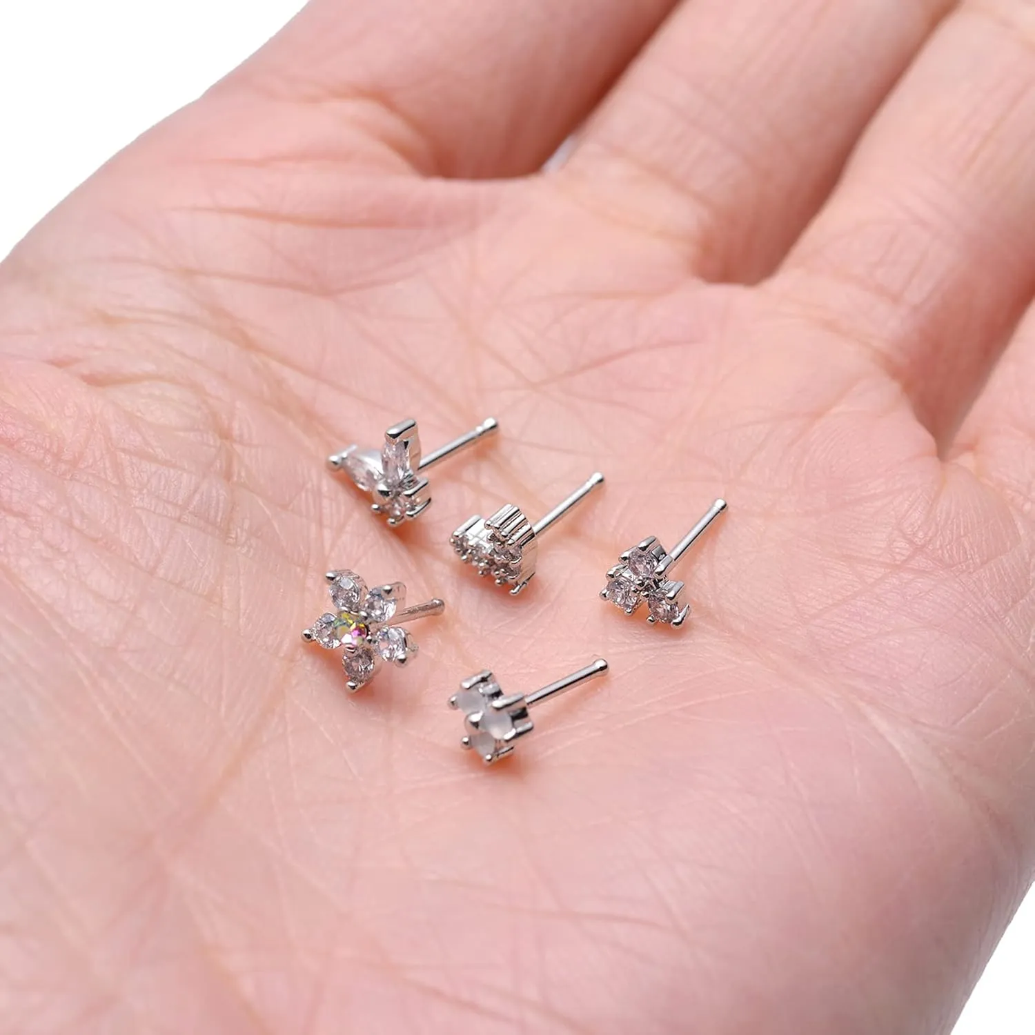 Tornito 9Pcs Nose Rings Stud L Bone Screw Shaped Nose Ring Flower CZ Snowflake Butterfly Screw Nose Stud Body Piercing Jewelry for Women Men 20G Silver Gold Rose Gold Tone