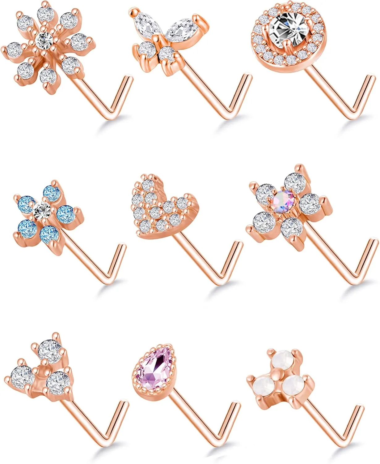 Tornito 9Pcs Nose Rings Stud L Bone Screw Shaped Nose Ring Flower CZ Snowflake Butterfly Screw Nose Stud Body Piercing Jewelry for Women Men 20G Silver Gold Rose Gold Tone
