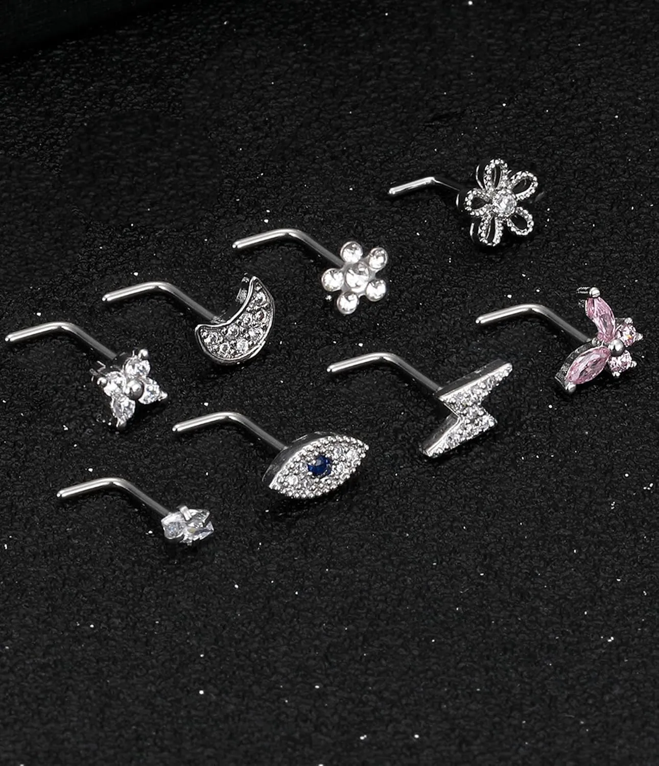 Tornito 9Pcs Nose Rings Stud L Bone Screw Shaped Nose Ring Flower CZ Snowflake Butterfly Screw Nose Stud Body Piercing Jewelry for Women Men 20G Silver Gold Rose Gold Tone