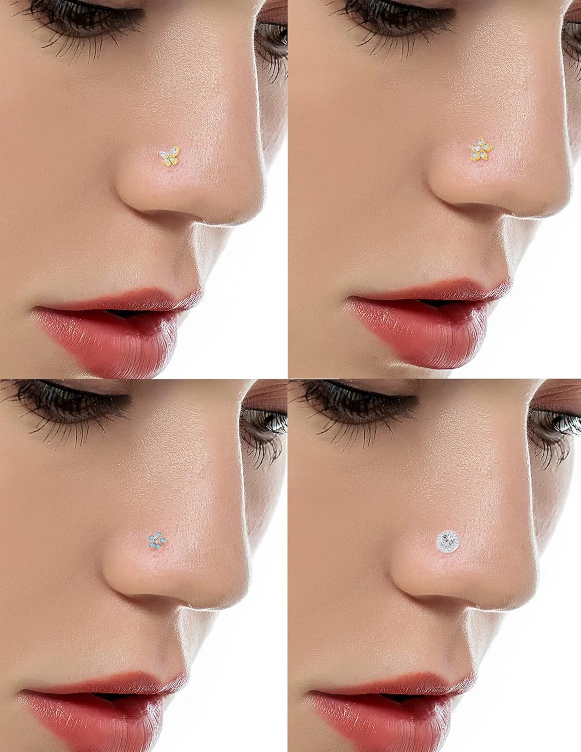 Tornito 9Pcs Nose Rings Stud L Bone Screw Shaped Nose Ring Flower CZ Snowflake Butterfly Screw Nose Stud Body Piercing Jewelry for Women Men 20G Silver Gold Rose Gold Tone