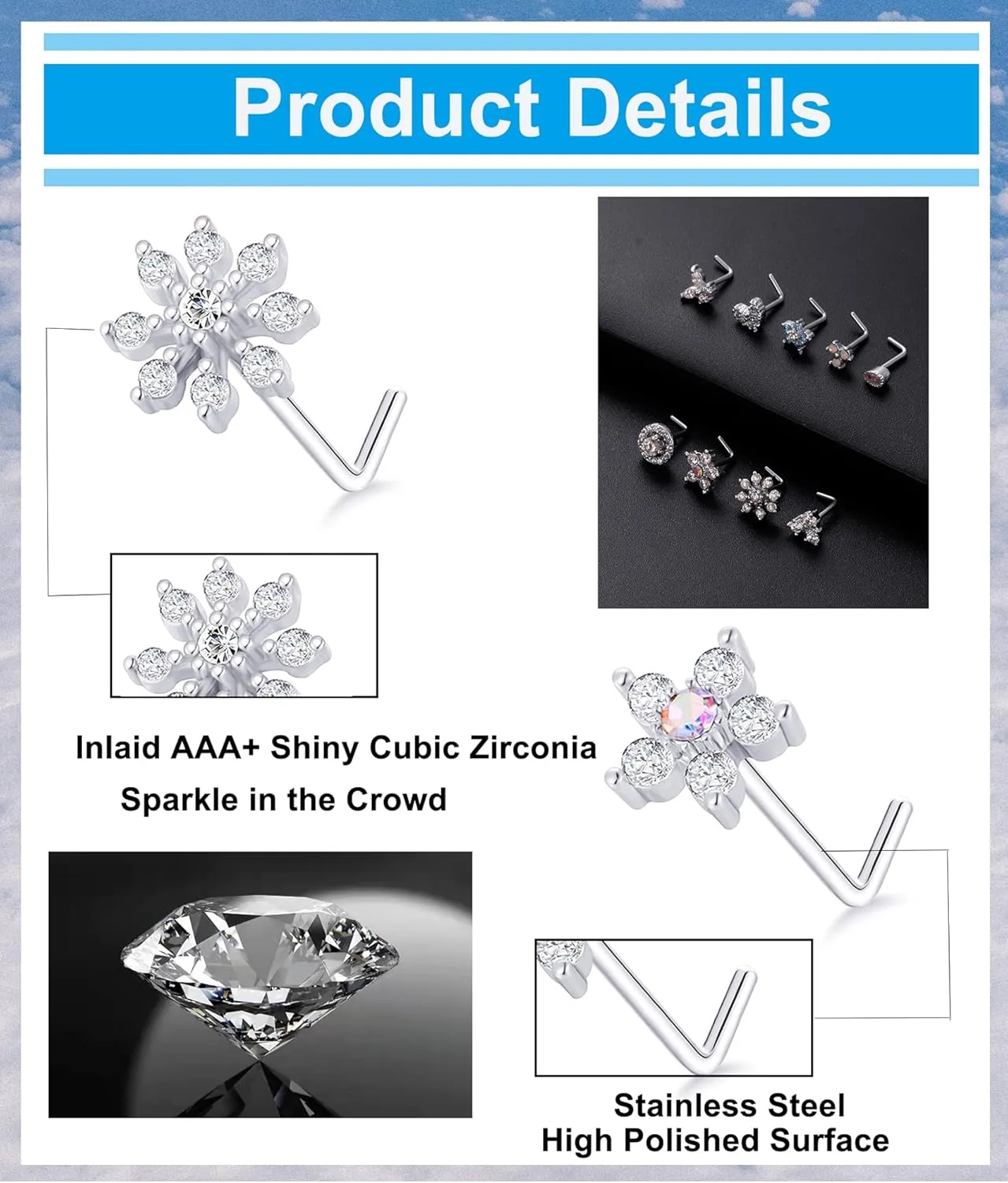 Tornito 9Pcs Nose Rings Stud L Bone Screw Shaped Nose Ring Flower CZ Snowflake Butterfly Screw Nose Stud Body Piercing Jewelry for Women Men 20G Silver Gold Rose Gold Tone