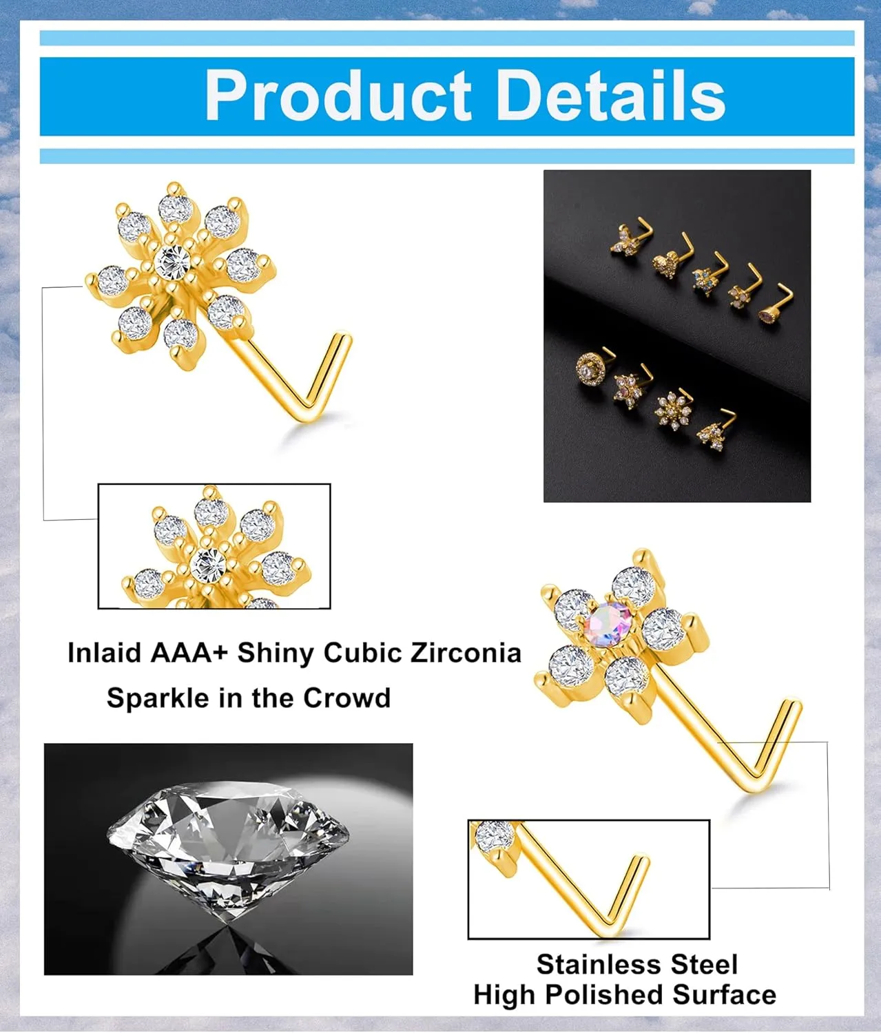 Tornito 9Pcs Nose Rings Stud L Bone Screw Shaped Nose Ring Flower CZ Snowflake Butterfly Screw Nose Stud Body Piercing Jewelry for Women Men 20G Silver Gold Rose Gold Tone