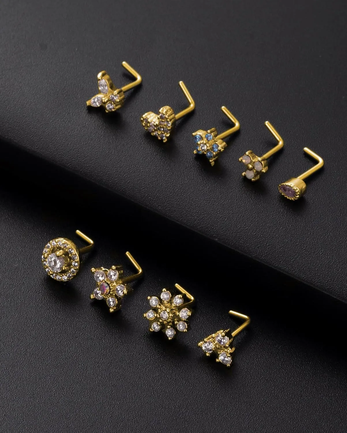 Tornito 9Pcs Nose Rings Stud L Bone Screw Shaped Nose Ring Flower CZ Snowflake Butterfly Screw Nose Stud Body Piercing Jewelry for Women Men 20G Silver Gold Rose Gold Tone