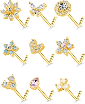 Tornito 9Pcs Nose Rings Stud L Bone Screw Shaped Nose Ring Flower CZ Snowflake Butterfly Screw Nose Stud Body Piercing Jewelry for Women Men 20G Silver Gold Rose Gold Tone