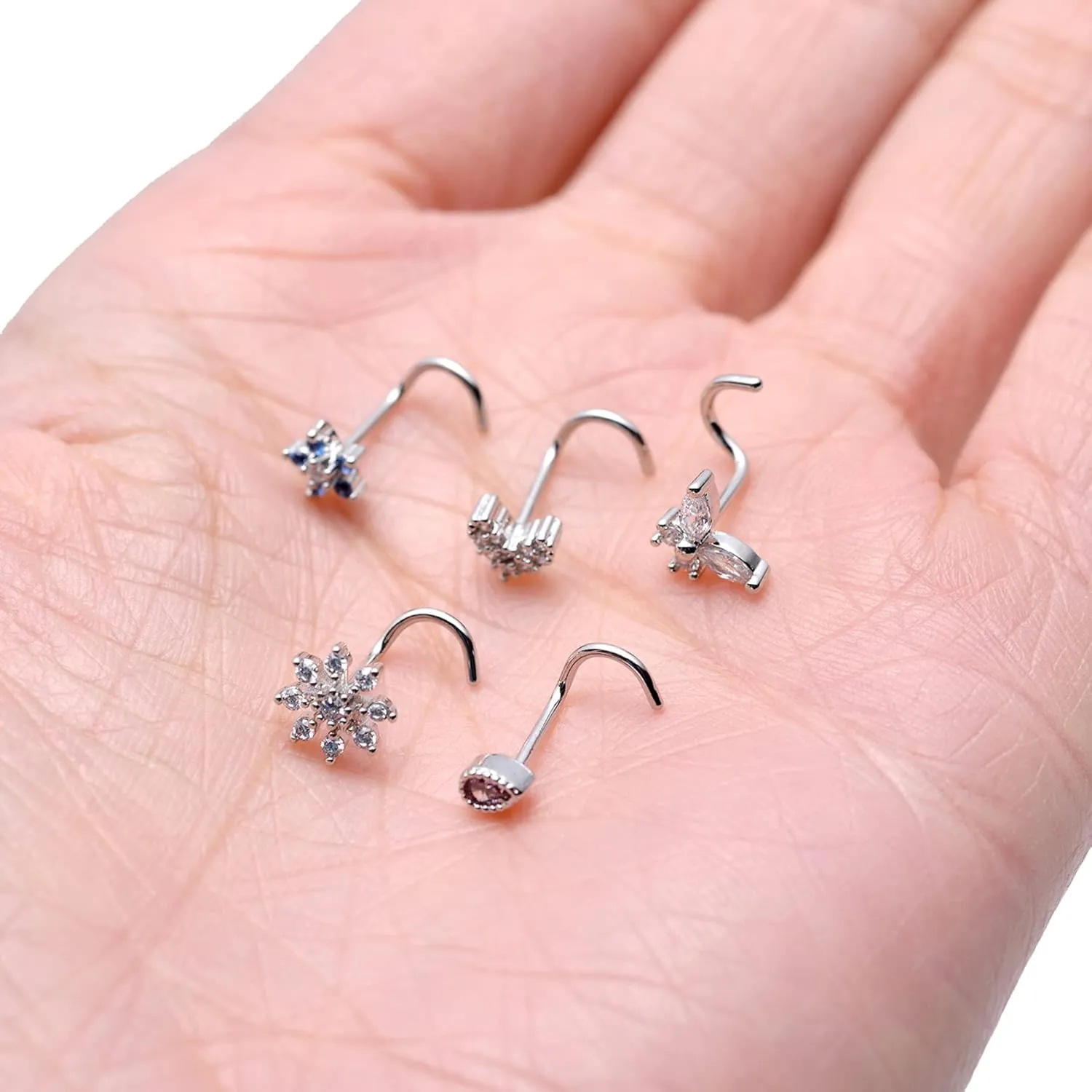 Tornito 9Pcs Nose Rings Stud L Bone Screw Shaped Nose Ring Flower CZ Snowflake Butterfly Screw Nose Stud Body Piercing Jewelry for Women Men 20G Silver Gold Rose Gold Tone