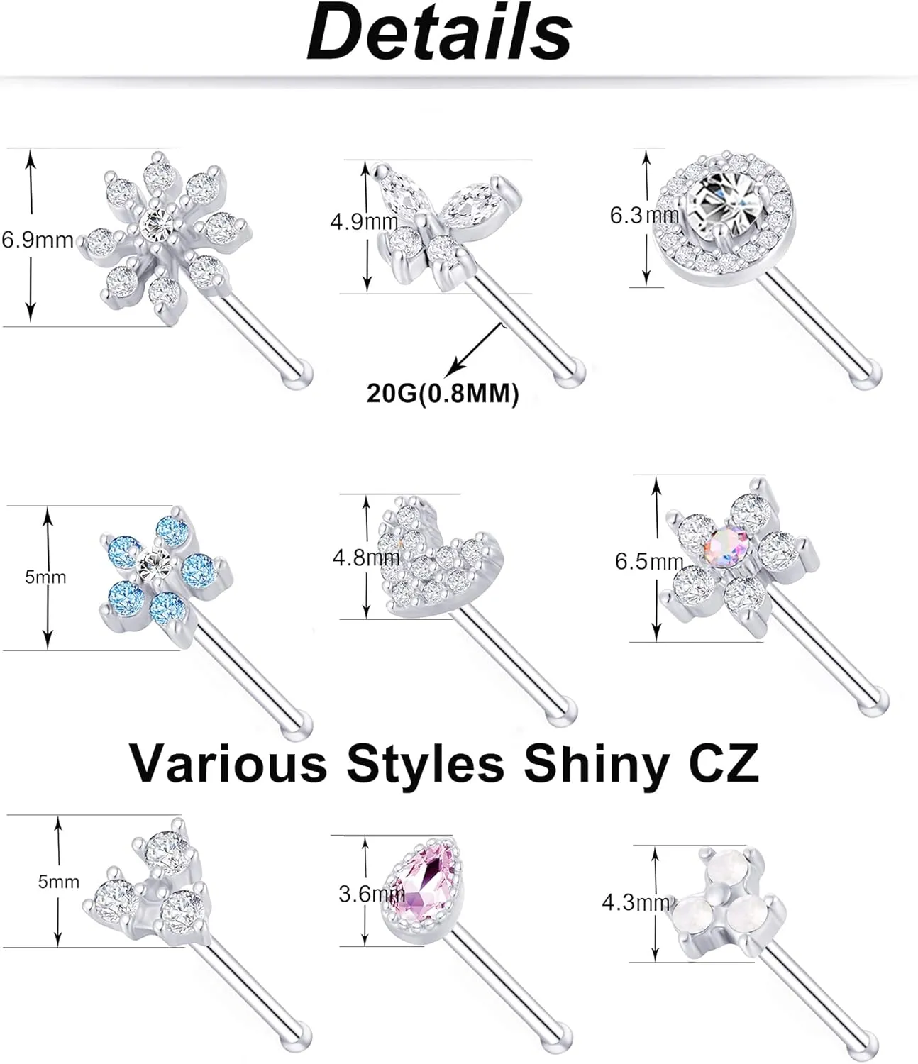 Tornito 9Pcs Nose Rings Stud L Bone Screw Shaped Nose Ring Flower CZ Snowflake Butterfly Screw Nose Stud Body Piercing Jewelry for Women Men 20G Silver Gold Rose Gold Tone