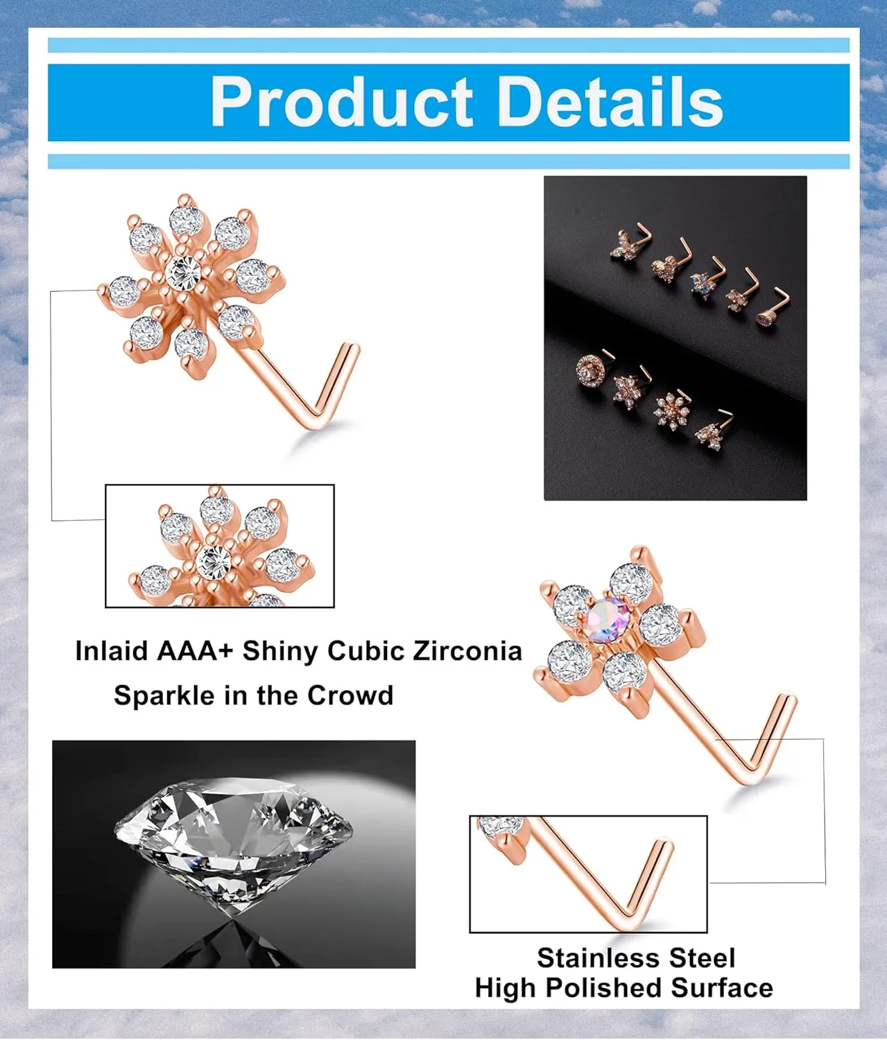 Tornito 9Pcs Nose Rings Stud L Bone Screw Shaped Nose Ring Flower CZ Snowflake Butterfly Screw Nose Stud Body Piercing Jewelry for Women Men 20G Silver Gold Rose Gold Tone