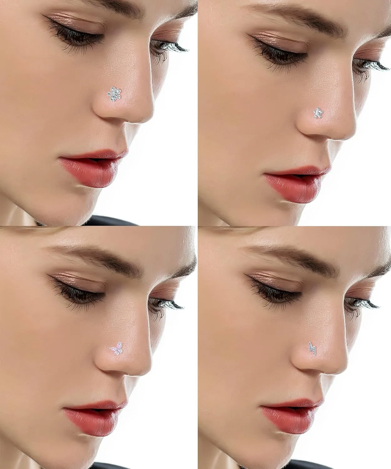 Tornito 9Pcs Nose Rings Stud L Bone Screw Shaped Nose Ring Flower CZ Snowflake Butterfly Screw Nose Stud Body Piercing Jewelry for Women Men 20G Silver Gold Rose Gold Tone