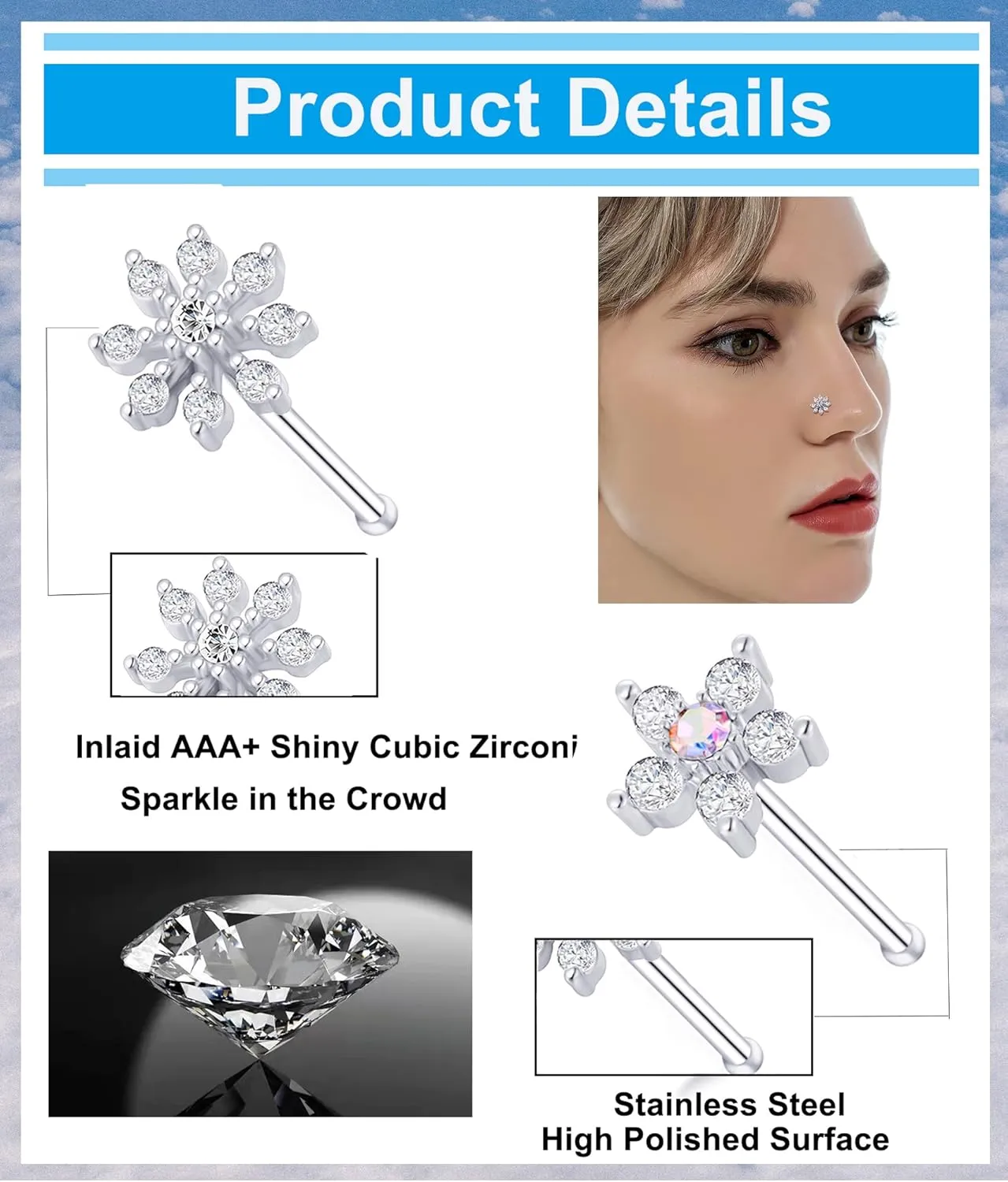 Tornito 9Pcs Nose Rings Stud L Bone Screw Shaped Nose Ring Flower CZ Snowflake Butterfly Screw Nose Stud Body Piercing Jewelry for Women Men 20G Silver Gold Rose Gold Tone