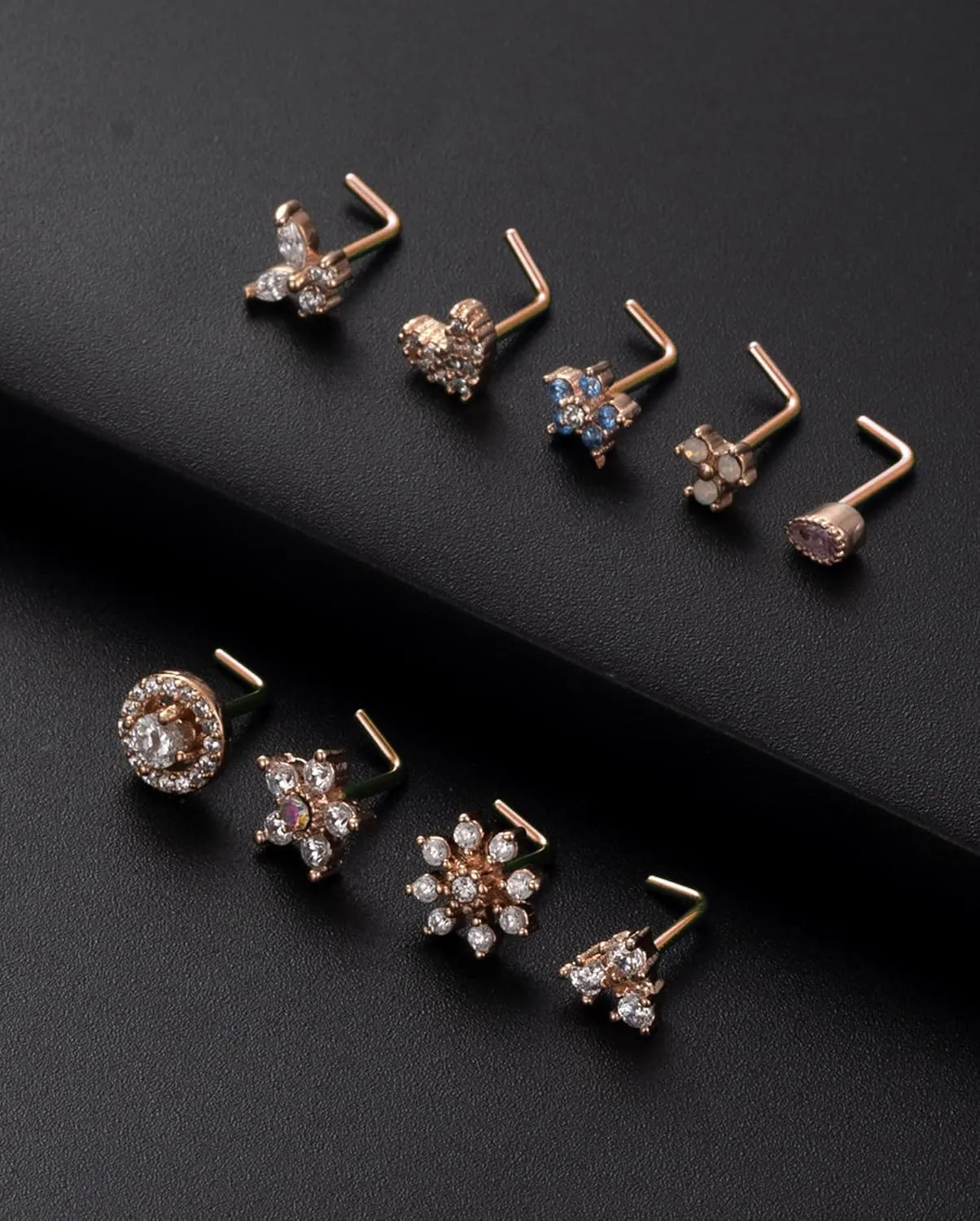 Tornito 9Pcs Nose Rings Stud L Bone Screw Shaped Nose Ring Flower CZ Snowflake Butterfly Screw Nose Stud Body Piercing Jewelry for Women Men 20G Silver Gold Rose Gold Tone