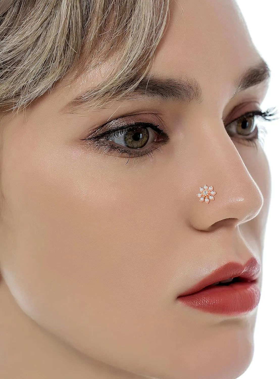 Tornito 9Pcs Nose Rings Stud L Bone Screw Shaped Nose Ring Flower CZ Snowflake Butterfly Screw Nose Stud Body Piercing Jewelry for Women Men 20G Silver Gold Rose Gold Tone