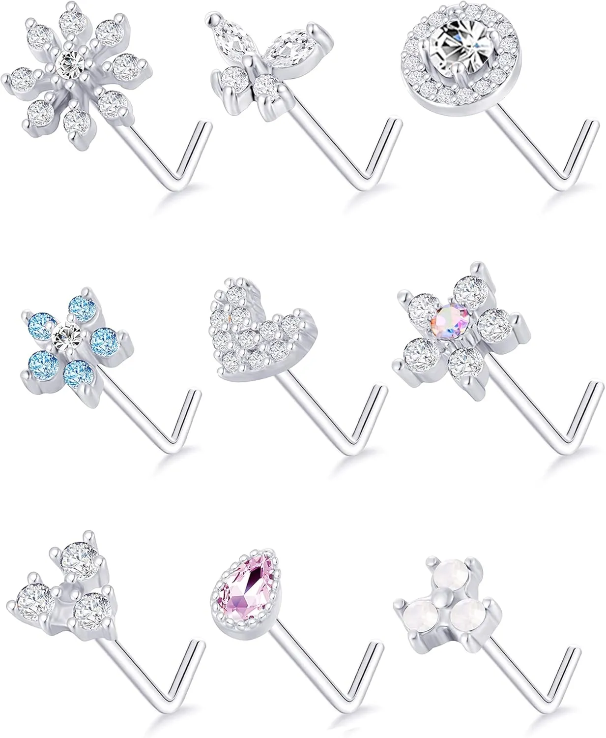 Tornito 9Pcs Nose Rings Stud L Bone Screw Shaped Nose Ring Flower CZ Snowflake Butterfly Screw Nose Stud Body Piercing Jewelry for Women Men 20G Silver Gold Rose Gold Tone