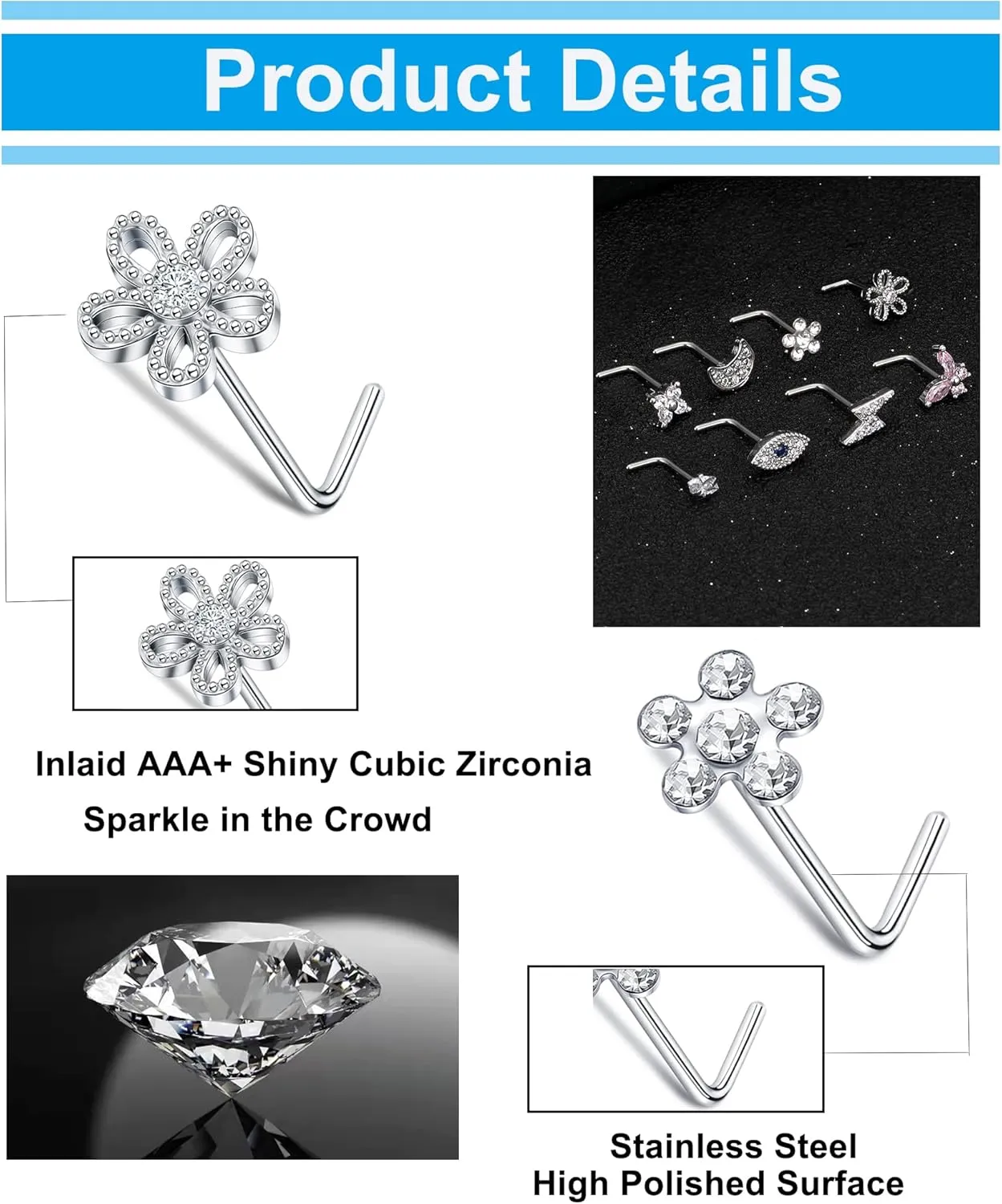 Tornito 9Pcs Nose Rings Stud L Bone Screw Shaped Nose Ring Flower CZ Snowflake Butterfly Screw Nose Stud Body Piercing Jewelry for Women Men 20G Silver Gold Rose Gold Tone