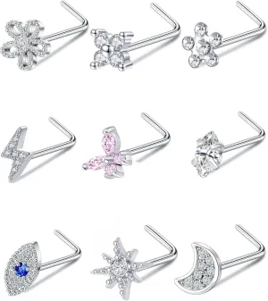 Tornito 9Pcs Nose Rings Stud L Bone Screw Shaped Nose Ring Flower CZ Snowflake Butterfly Screw Nose Stud Body Piercing Jewelry for Women Men 20G Silver Gold Rose Gold Tone
