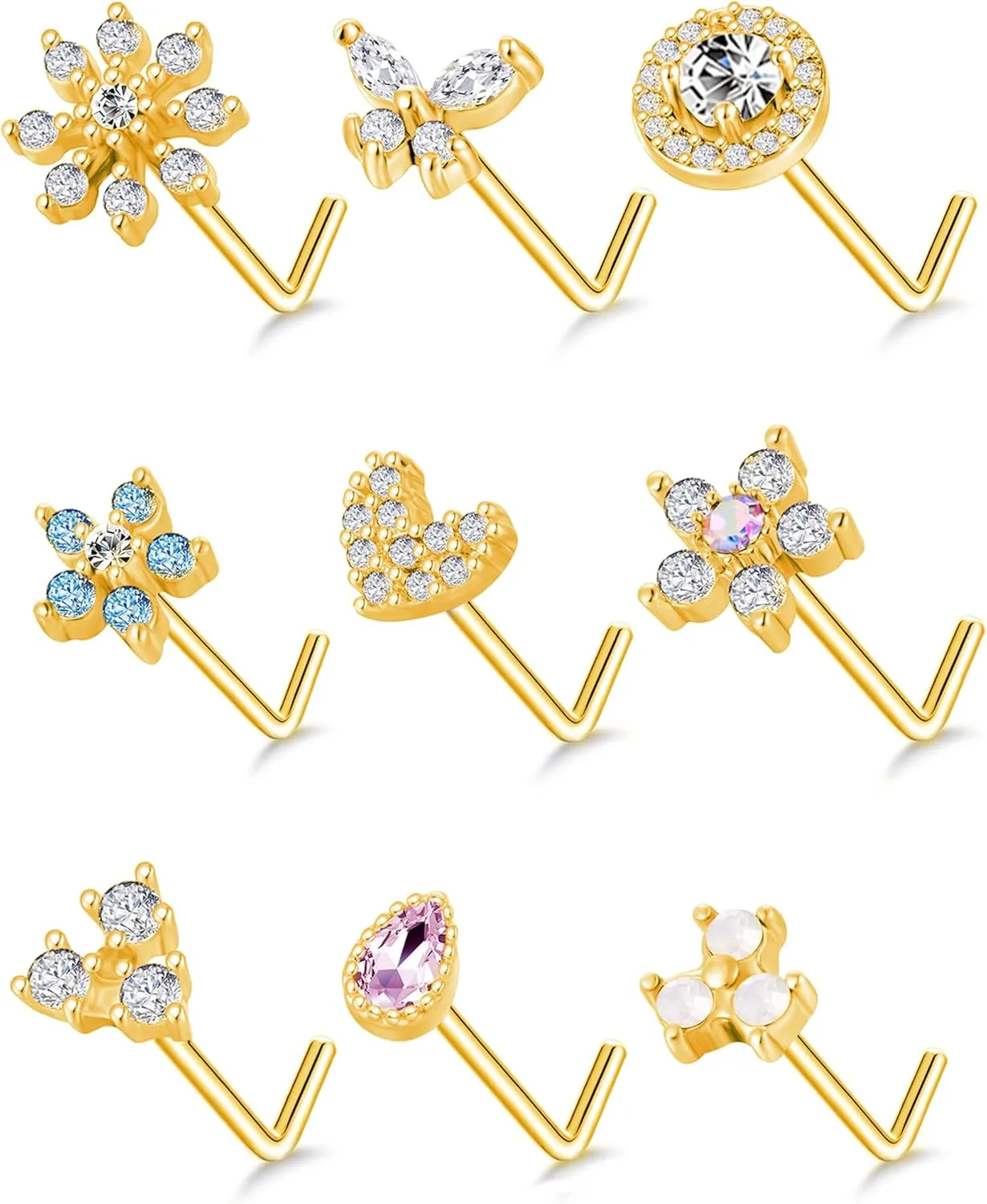 Tornito 9Pcs Nose Rings Stud L Bone Screw Shaped Nose Ring Flower CZ Snowflake Butterfly Screw Nose Stud Body Piercing Jewelry for Women Men 20G Silver Gold Rose Gold Tone