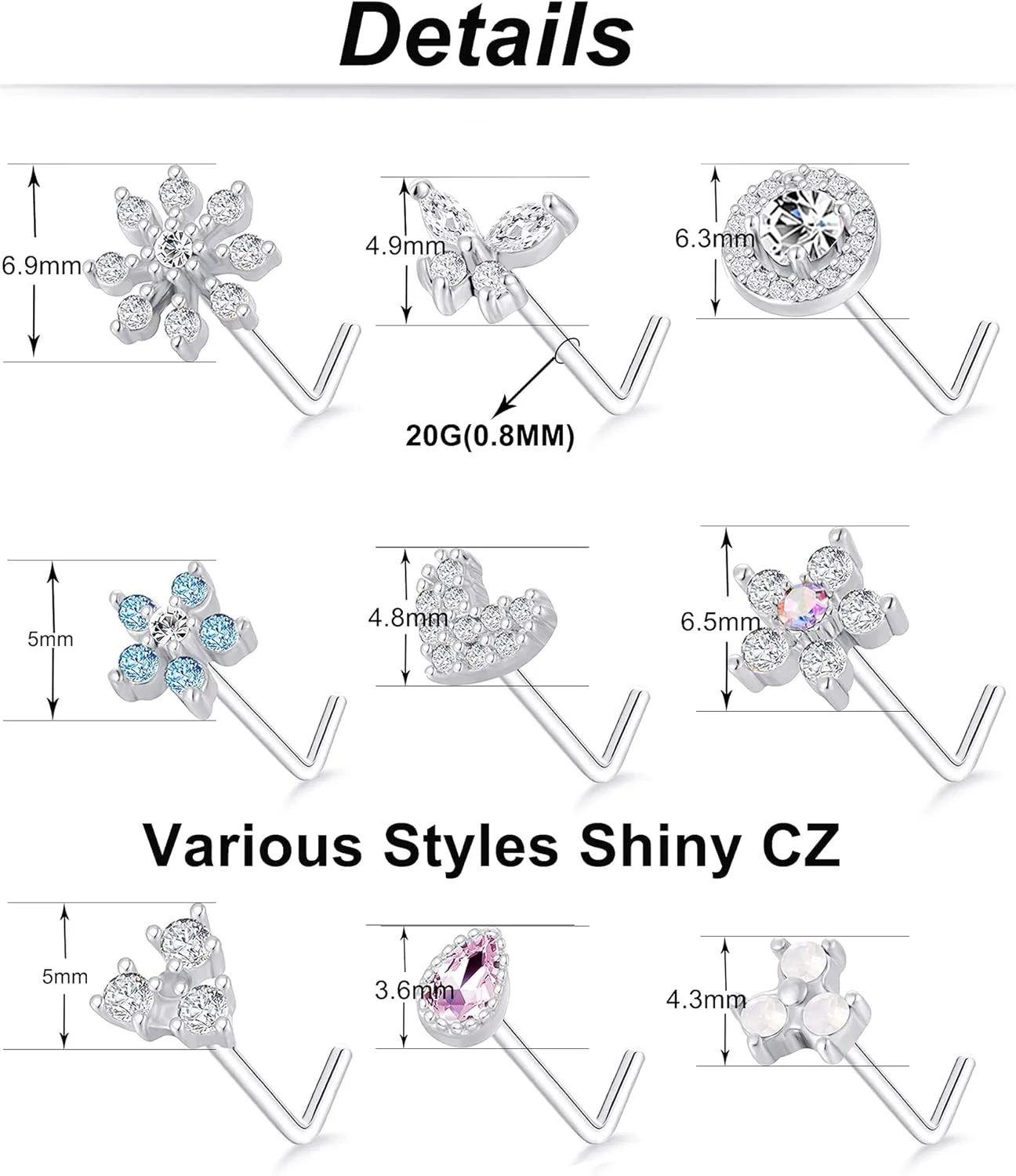 Tornito 9Pcs Nose Rings Stud L Bone Screw Shaped Nose Ring Flower CZ Snowflake Butterfly Screw Nose Stud Body Piercing Jewelry for Women Men 20G Silver Gold Rose Gold Tone