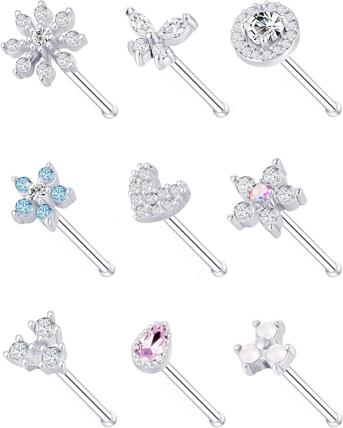Tornito 9Pcs Nose Rings Stud L Bone Screw Shaped Nose Ring Flower CZ Snowflake Butterfly Screw Nose Stud Body Piercing Jewelry for Women Men 20G Silver Gold Rose Gold Tone