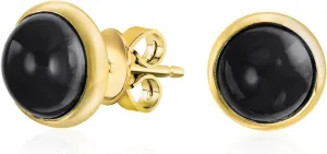 Traditional Classic 7x9 MM Gemstone Black Onyx Blue Turquoise Amber Bezel Set Dome Button Oval Stud Earrings For Women 14K Gold Plated .925 Sterling Silver
