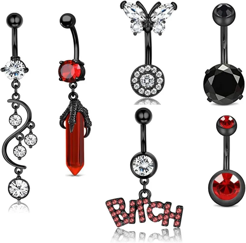 Trendy Belly Button Rings 14G Stainless Steel Navel Rings  Dainty, Dangling & Bold Styles Belly Button Piercing for Summer Red 6pcs