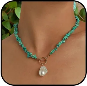 Turquoise Pearl Pendant Necklace for Women OT Buckle Baroque Pearl Pendant Necklace Delicate Irregular Turquoise Necklace Turquoise Beaded Pearl Necklace for Women Handmade Jewelry