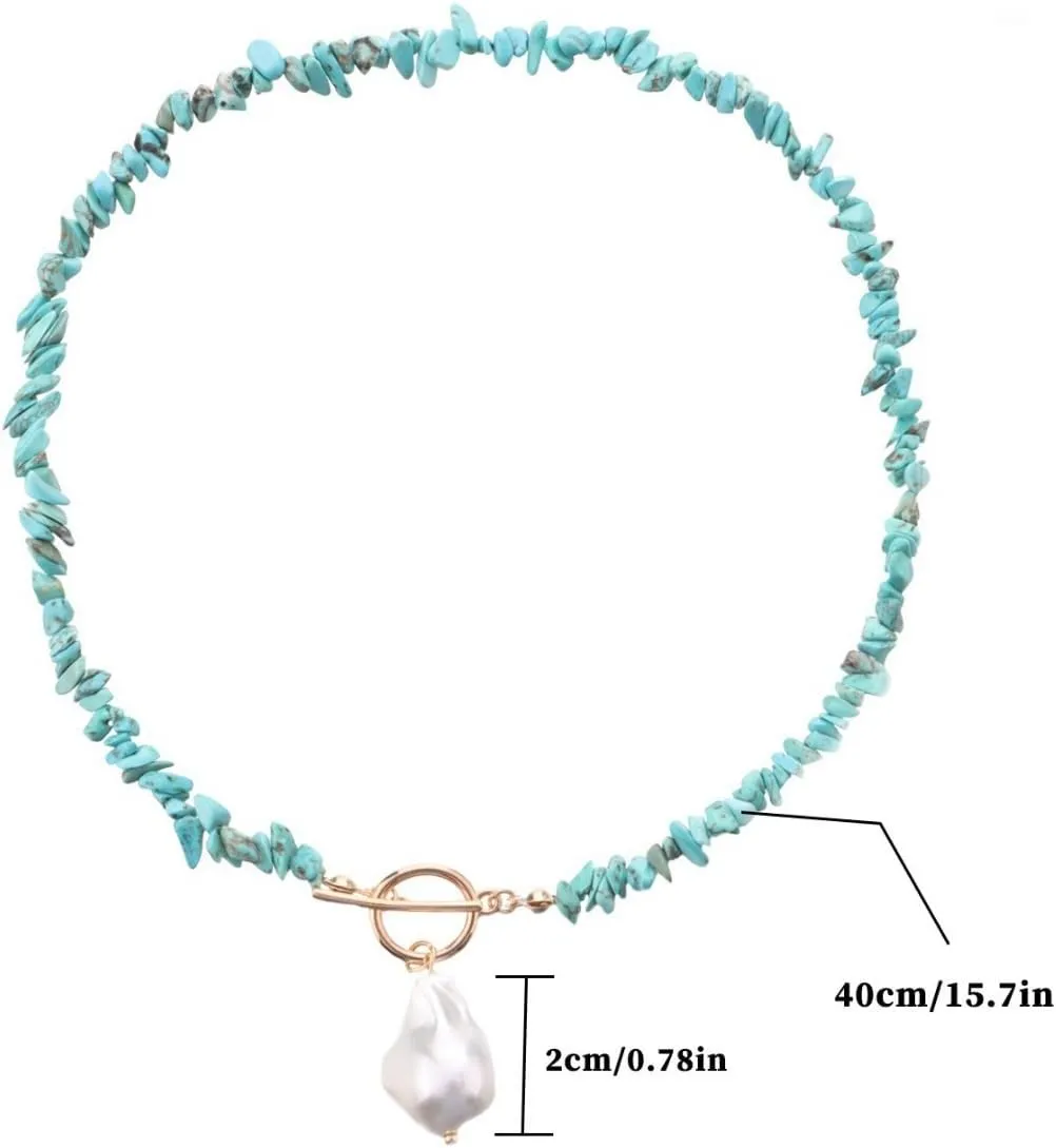 Turquoise Pearl Pendant Necklace for Women OT Buckle Baroque Pearl Pendant Necklace Delicate Irregular Turquoise Necklace Turquoise Beaded Pearl Necklace for Women Handmade Jewelry