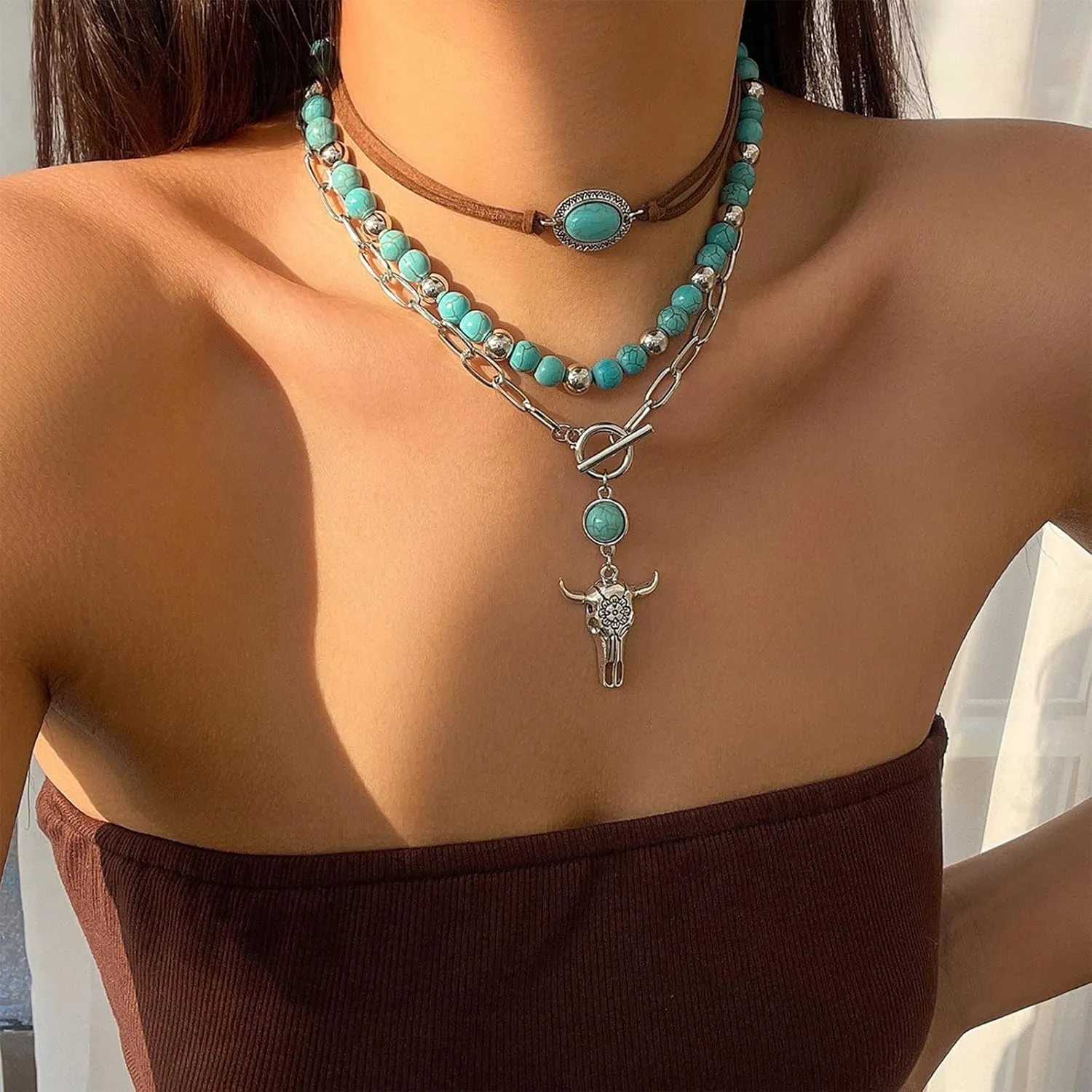 Turquoise Western Necklace for Women - Handmade Boho Southwest Jewelry Accessory with Adjustable Cord Chain, Lightweight Layering Pendant for Cowgirl Fashion