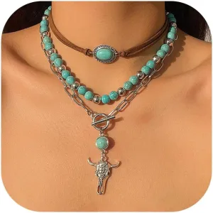 Turquoise Western Necklace for Women - Handmade Boho Southwest Jewelry Accessory with Adjustable Cord Chain, Lightweight Layering Pendant for Cowgirl Fashion