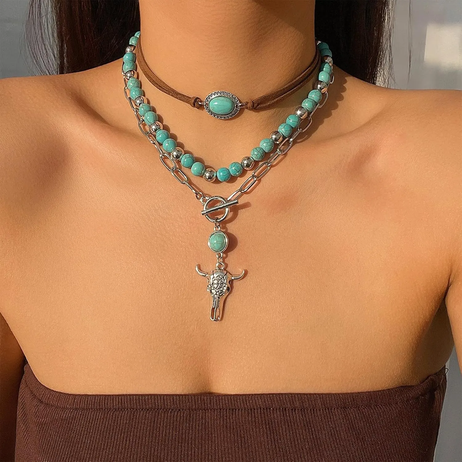 Turquoise Western Necklace for Women - Handmade Boho Southwest Jewelry Accessory with Adjustable Cord Chain, Lightweight Layering Pendant for Cowgirl Fashion