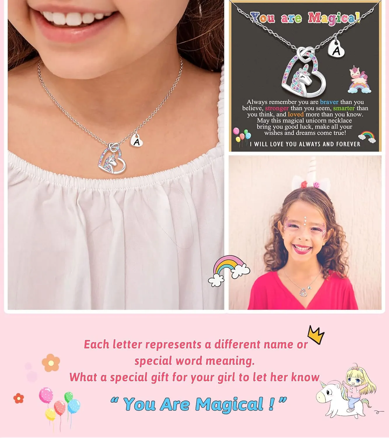 UNGENT THEM Silver Unicorn Letter Initial Necklaces for Girls Birthday Christmas Valentines Day Gifts
