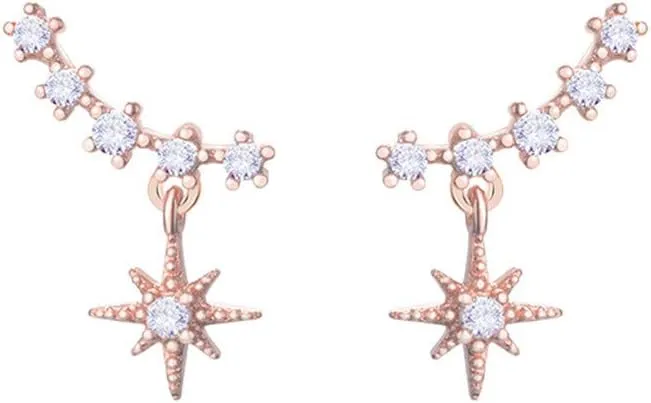 Unique CZ Star Dangle Cuff Earrings for Women Teen Girls Sterling Silver Small Cute Crystal Diamond Climber Crawler Stud Drop Wedding Jewelry Hypoallergenic Delicate Birthday Christmas GITS