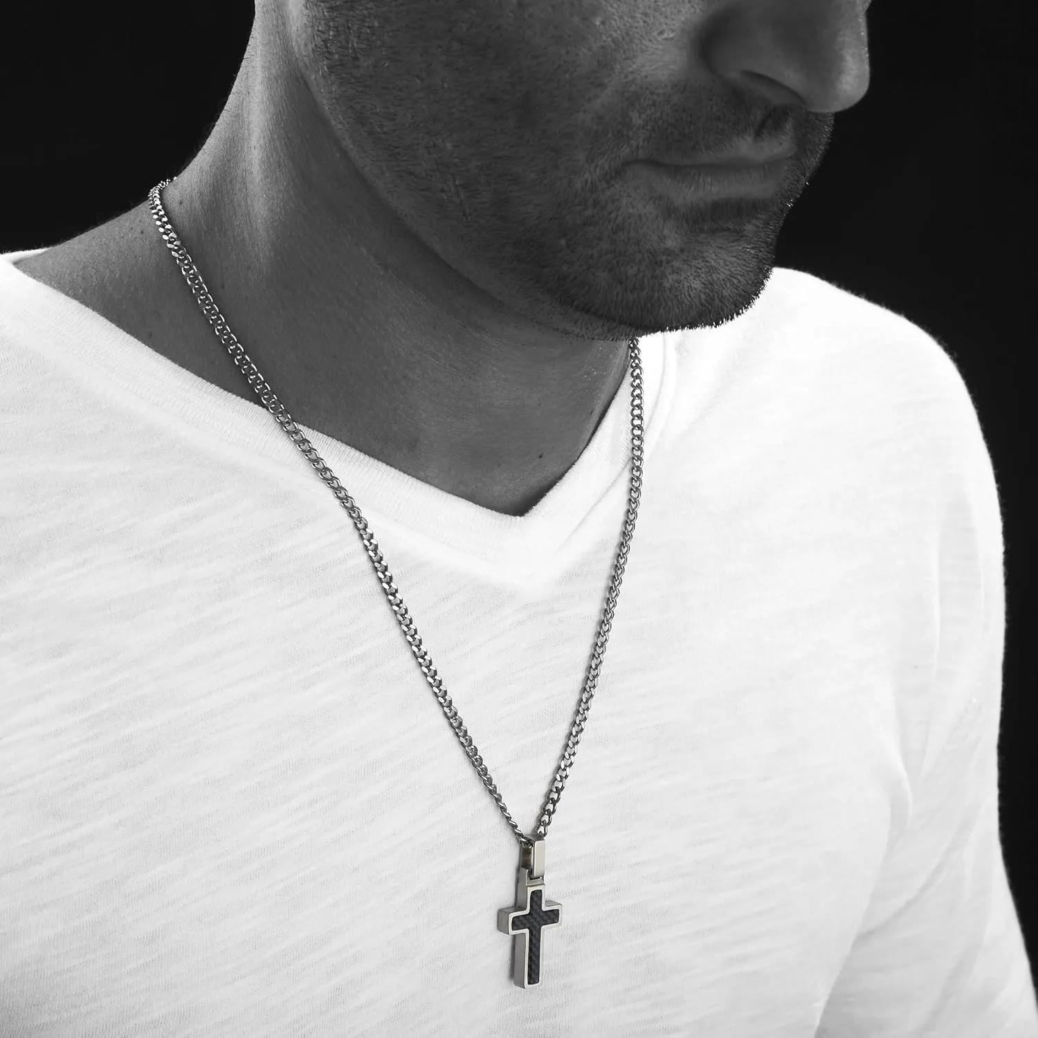 Unique GESTALT Small Titanium Cross Necklace with Black Carbon Fiber Inlay.