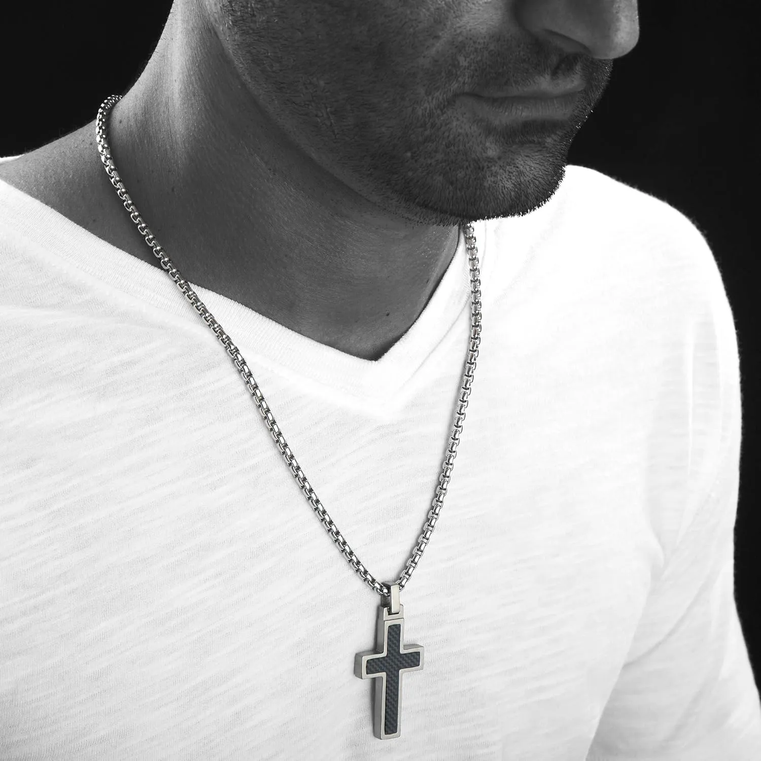 Unique GESTALT Titanium Cross Necklace with Black Carbon Fiber Inlay.